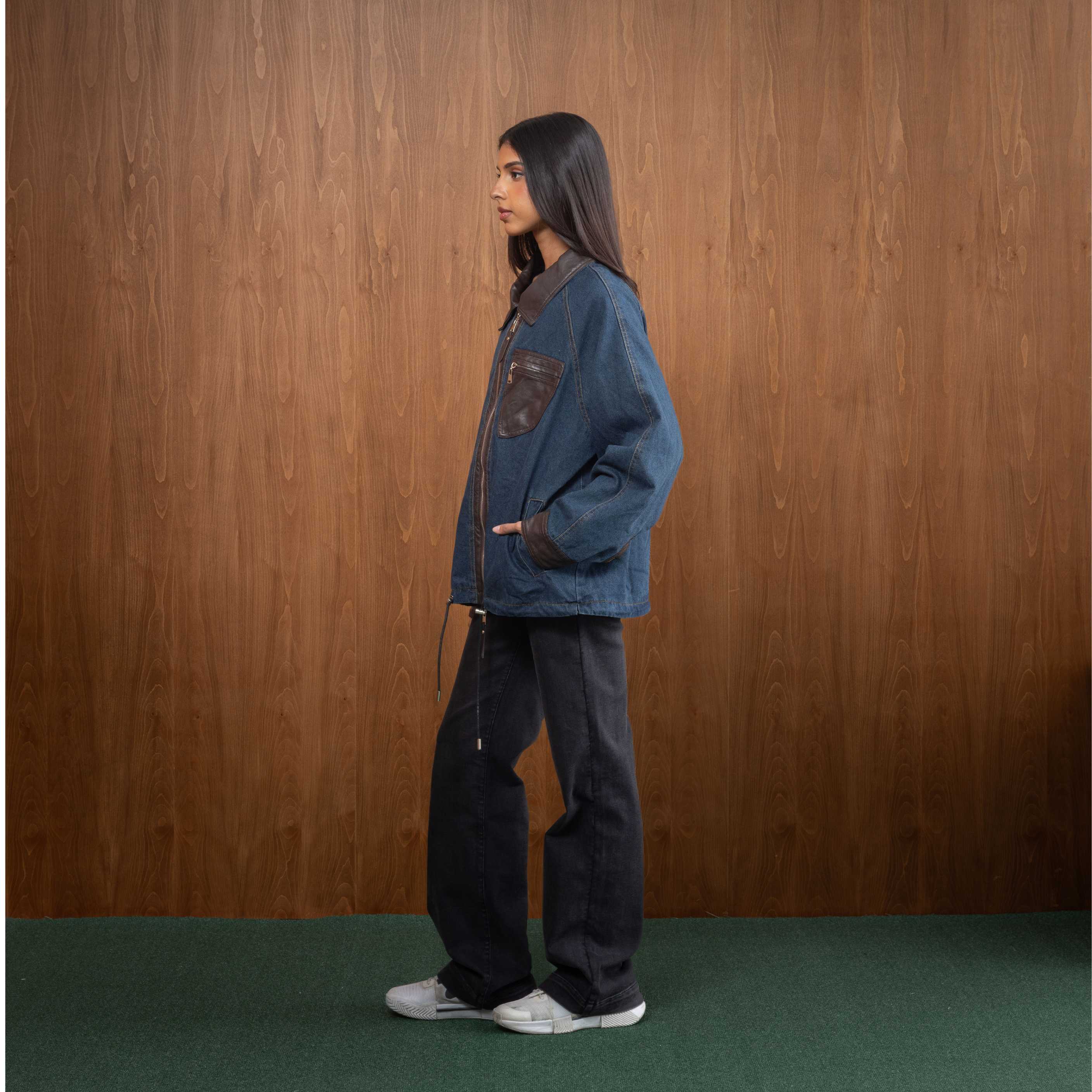 Denim-Leather Contrast Jacket